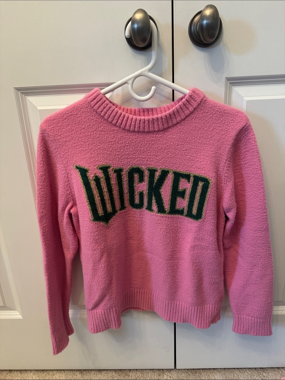 Pink Crewneck Sweater with Green 'WICKED' Graphic